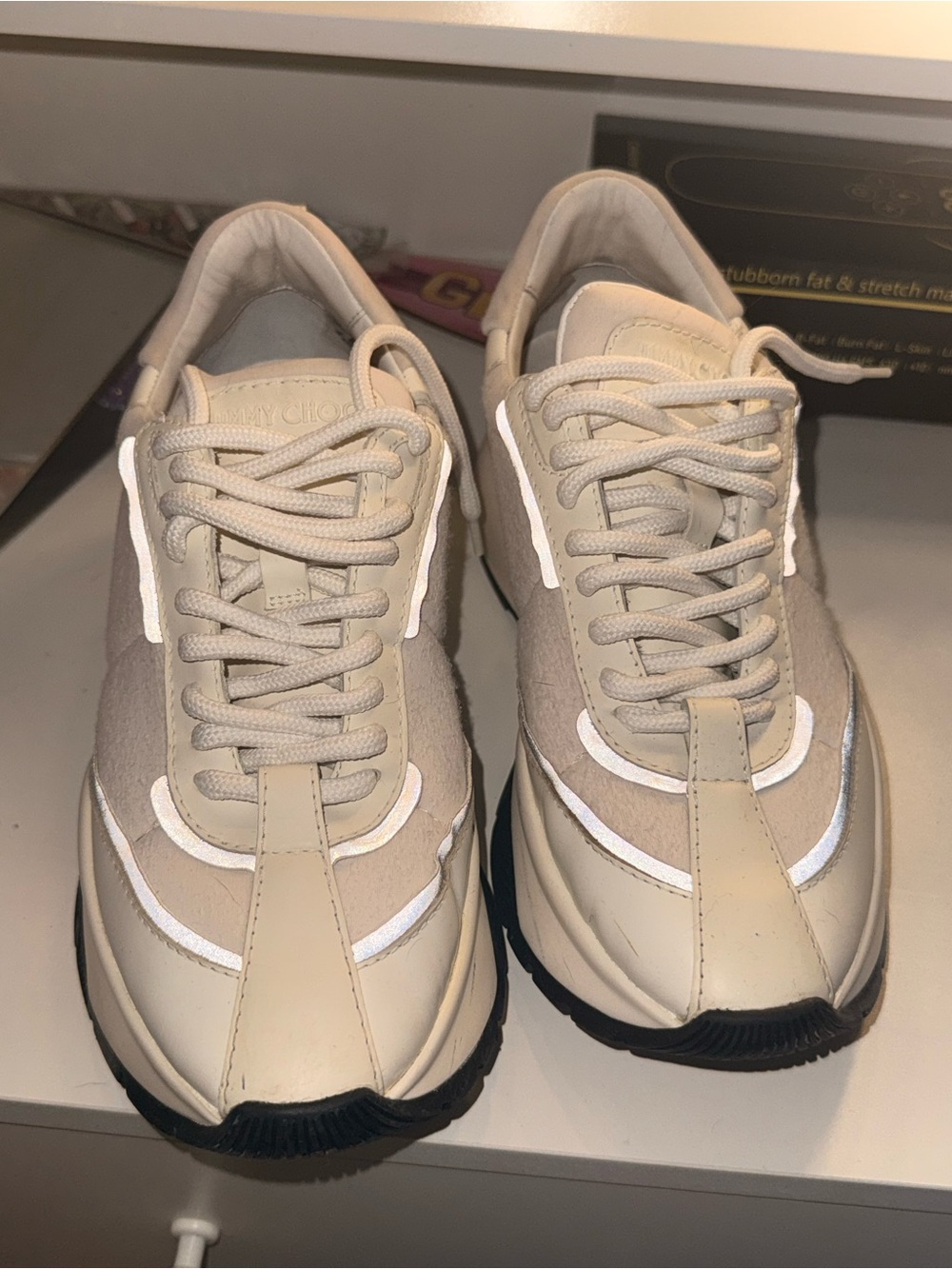 Jimmy Choo Taupe and Black Logo Platform Sneakers - Picture 2 of 9